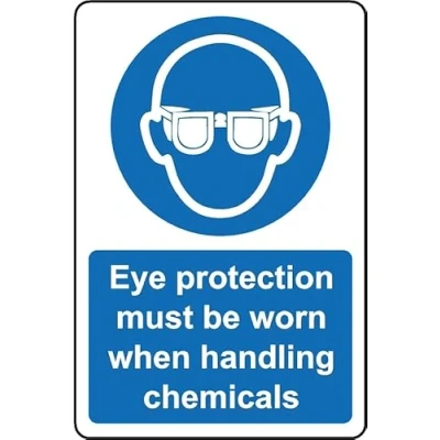 Image of Eye Protection Must be Worn When handling Chemicals Safety Sign Self Adhesive Sticker (200mm x 150mm)