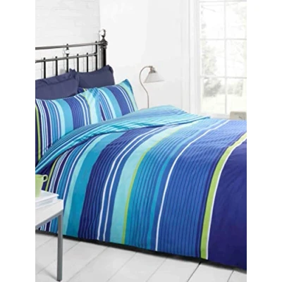 Image of Signature Striped Quilt Duvet Cover and 2 Pillowcase Bedding Bed Set, Blue, Double
