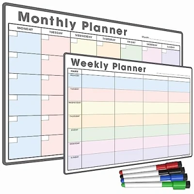 Image of TMS Magnetic Whiteboard Planner Set A4 Weekly &amp; A3 Monthly Calendars with Memo Board, Shopping To Do List Functions Meal Bundle 4 Dry Wipe Pens