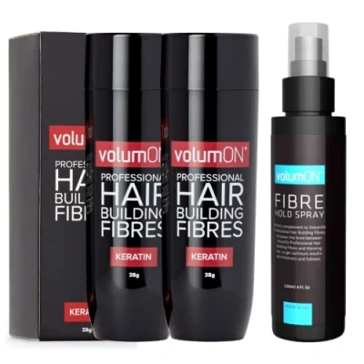 Image of Hair Fibres x2 VOLUMON Keratin Building For Thinning Instantly Conceals Areas Fuller Thicker Men &amp; Women 28g + 100ml Fibre Hold Spray (Light Brown)