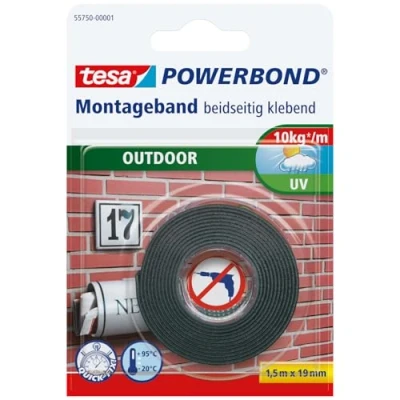 Image of Tesa Powerbond Outdoor Double Sided Mounting Tape Use UV , Water And Temperature Resistant Adhesive Holds Up To 1 Per 10cm Tape, 1,5m X 19mm