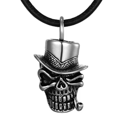 Image of DonDon Men&#039;s Leather Necklace 19.69 inch 50 cm Stainless Steel Skull with Pipe Pendant in Jewellery Pouch