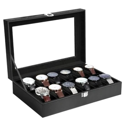 Image of Uten Watch Boxes 12 Slots, Box for Men, Display Case, Storage with Removable Cushion, Metal Clasp, PU Leather, Black