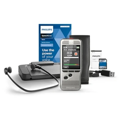 Image of Philips PocketMemo Recorder Dictation and Transcription Set SpeechExec Dictate Transcribe DPM7700/03 Slide Switch Button Professional Dual Microphone Footswitch Headphones Rechargeable Battery COlo