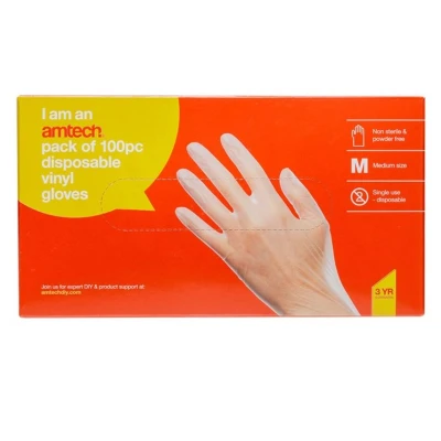Image of Amtech Disposable Vinyl Gloves for Cleaning, Handling Food, Working, and More, Home DIY, Durable Tear Resistant, Powder Free Skin Friendly, Non Sterile (100) (M)