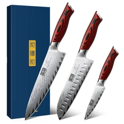 Image of HOSHANHO 3 Pieces Damascus Kitchen Knife Set Ultra Sharp Knives Set, Professional Chef with G10 Ergonomic Handle,Gift Box