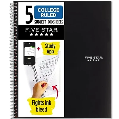 Image of Five Star Spiral Notebook + Study App, 5 Subject, College Ruled Paper, Fights Ink Bleed, Water Resistant Cover, 8 1/2&quot; x 11&quot;, 200 Sheets, Black (72081)
