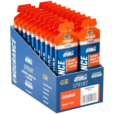 Image of Sprint Energy Gel with Caffeine Easy to Digest Improves Alertness &amp; Concentration Zero Fat Sugar 23g Carbohydrates + Electrolytes B Vitamins (Pack of 20 x 60 gram) (Orange)