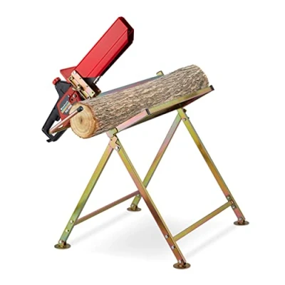 Image of Relaxdays Sawhorse, Wood Sawing, 120 kg, Foldable, Work Bench and Chainsaw Holder, Firewood, Sturdy Steel, Metal, Gold, 86 x 88 73 cm
