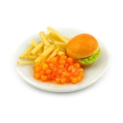 Image of MyTinyWorld Dolls House Miniature Bacon Burger, Chips and Baked Beans