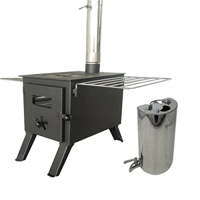 Image of DWD ® &quot;Epping&quot; Camping STOVE Set Portable Outdoor Log Wood Burner with Wing Racks, Stainless Steel water Boiler Tank Flue Compact (DWD EP533 EPPING &amp; 3L heater)