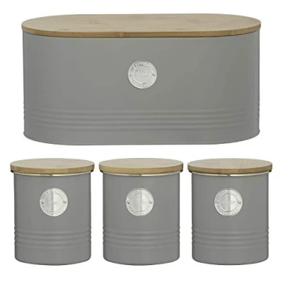 Image of Typhoon Living Grey Tea Coffee Sugar Storage Canister and Bread Bin Set with Bamboo Lids