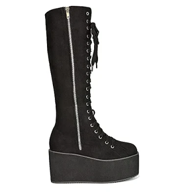 Image of Womens Lace Up Boots Ladies Black Knee High Platform Wedge Heel Gothic Biker Combat Size 3 8