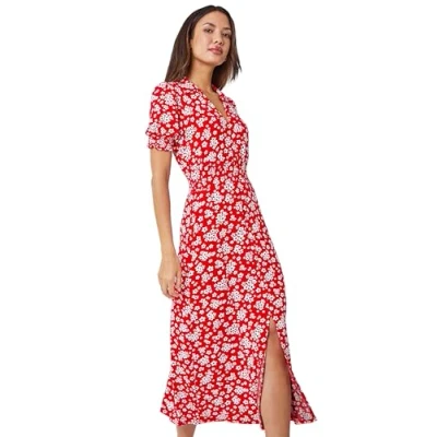 Image of Roman Originals Women Shirred Waist Dress Ladies Spring Everyday Summer Holiday V Neckline Comfy 3/4 Sleeve Soft Tassle Detail Frock Vacation Gowns Red &amp; White Size 20