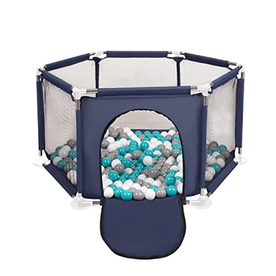 Image of Selonis Hexagon 6 Side Play Pen with 200 Balls, Blue:Grey/White/Turquoise