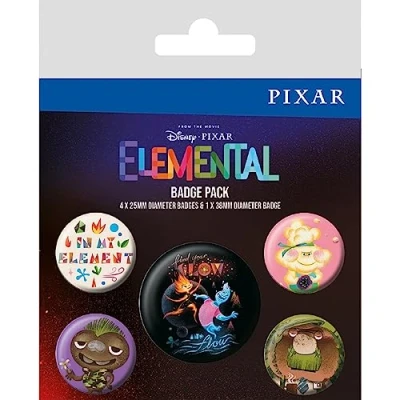 Image of Elemental Set of 5 Badges (Characters Design) Pin for Bags, Backpacks, Jackets and Party Bags Official Merchandise