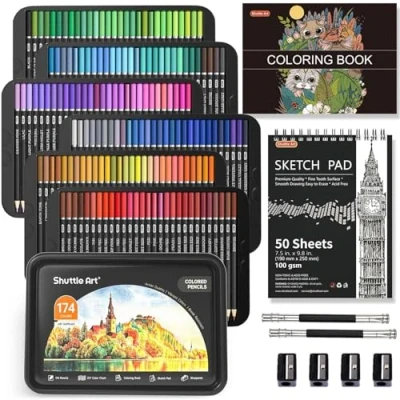 Image of Shuttle Art 174 Colours Professional Colouring Pencils, Soft Core Coloured Pencils Set with 1 Book,1 Sketch Pad, 4 Sharpener, 2 Pencil Extender, Artists Kids Adults Colouring, Drawing