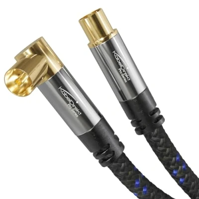 Image of 4K aerial cable Nylon braided, TV 90 angled/straight connector 7,5m break proof metal plugs for digital &amp; analogue (angled female to straight male DVB C/DVB T/DVB S) CableDirect