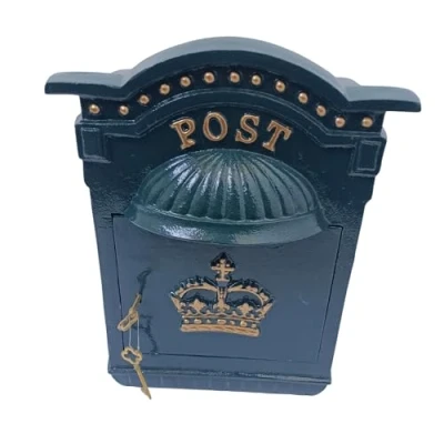 Image of Cast Iron Metal Wall Mounted Post Box With Gold Lettering And Crown Detail In Green