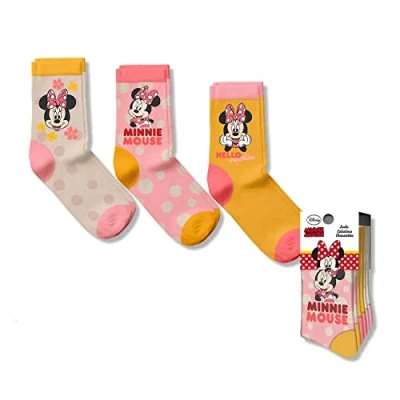 Image of Minnie Mouse Girls SocksNovelty Cotton Rich Socks 3 Pairs Multipack Bundle Mid Calf for Kid, Suitable Ages 0 12 Years (UK 5.5 / EU 19 22)