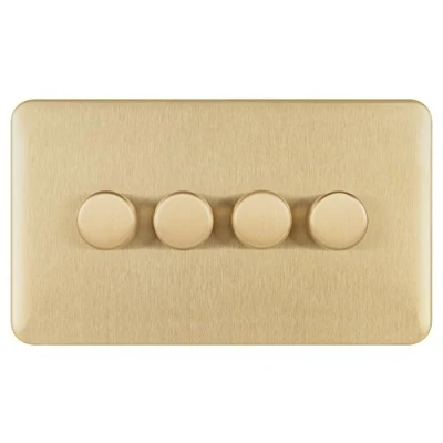 Image of Schneider Electric Lisse Screwless Deco 4 Gang Universal 2 Way Dimmer Light Switch, 250W/VA, GGBL6042CSBS, Satin Brass