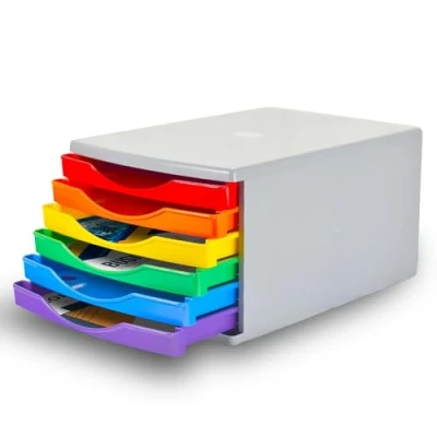 Image of Deflecto Rainbow Colours Desk Drawer Set featuring 6 x 30mm Drawers Organiser Small Storage Desktop A4