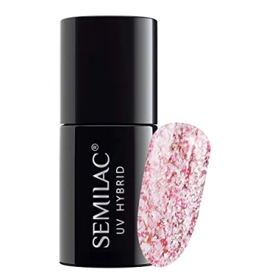 Image of SEMILAC Glitter Pink Gel Nail Polish. 100% Odourless, Long Lasting &amp; Easy To Apply. UV/LED Varnish For Manicure Pedicure At Home Or Salon 7ml 295 Peach Shimmer.
