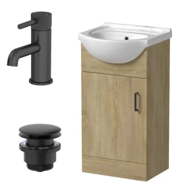 Image of Affine® 450mm Bathroom Vanity Unit Ceramic Sink Floorstanding Storage Cabinet Cupboard &amp; Black Fluted Basin Tap Waste Set, Oak Effect