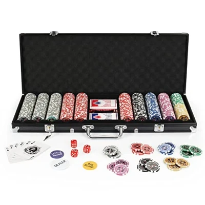 Image of display4top Texas Holdem Poker Chips Set with Aluminum Case,2 Decks of Cards, Dealer, Small Blind, Big Blind Buttons and 5 Dice (500 Piece Chips)