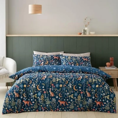 Image of Catherine Lansfield Enchanted Twilight Animals Reversible King Duvet Cover Set with Pillowcases Navy Blue
