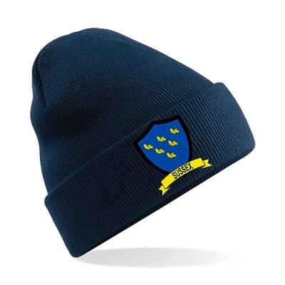 Image of Sussex County Mens Embroidered Beanie Hat, Bob Hat Cricket Sport Your Embroidery (Navy)