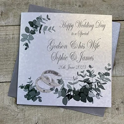 Image of WHITE COTTON CARDS PERSONALISED WEDDING CARD. ANY RELATION. GODSON &amp; WIFE. RINGS GREENERY DESIGN. Handmade (P20 65 GODS XP20 GODS)