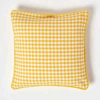 Image of HOMESCAPES 100% Cotton Gingham Check Cushion Cover 45 x cm Square 18 Inches Yellow White Sofa Pillow Washable
