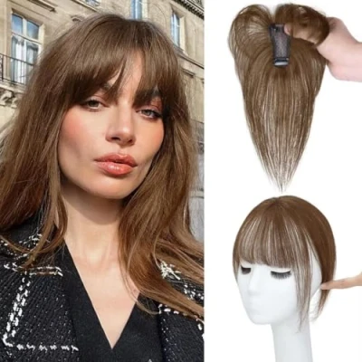 Image of Clip in Bangs, Fringe Human Hair, Real Hair Extensions, on Air Bangs for Women Hairpieces Curved Daily Wear, B, brown