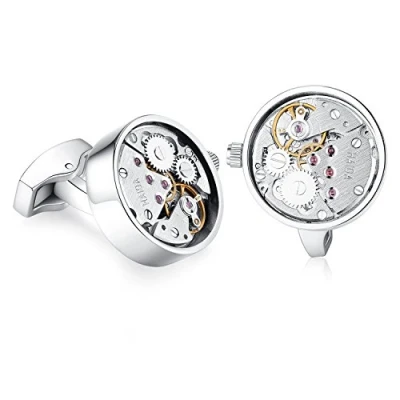 Image of HONEY BEAR Mens Vintage Watch Movement Cufflinks with Box Working,Steampunk Round Silver
