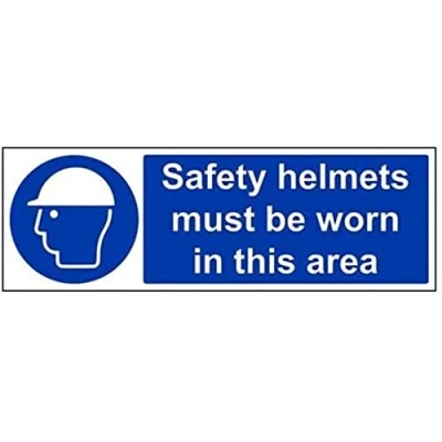 Image of V Safety Helmets Must Be Worn In This Area PPE Sign 450mm x 150mm Self Adhesive Vinyl
