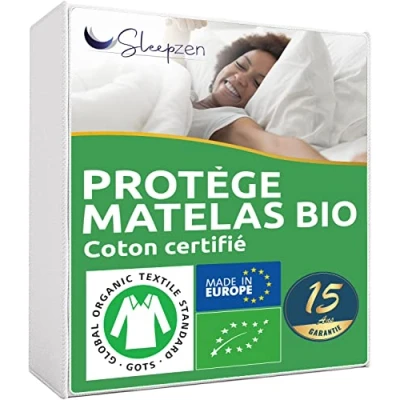 Image of Organic Mattress Protector 120x200 cm Certified OCS® and Oeko TEX® 100% Cotton Fleece Natural Healthy Silent Fabric Flap Shape Fitted Sheet Not Waterproof Made in Spain