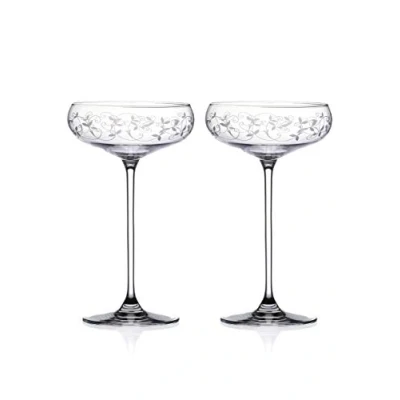 Image of DIAMANTE Champagne, Cocktail or Prosecco Coupes/Saucers Glasses Pair with Arabesque Etched Design