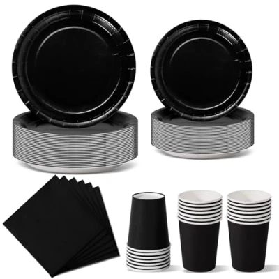 Image of Nkaiso Black Party Tableware, 96 Pieces Colorful Supplies Set Solid Color Paper Plates Cups and Napkins for Birthday