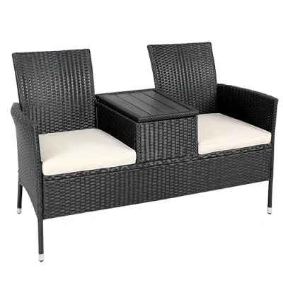 Image of CASARIA® Polyrattan 2 Seater Garden Love Seat Bench Integrated Table with Opening Storage Box 7cm Cushions Patio Balcony Cinema Furniture 320kg Weight Capacity 143x64x88cm