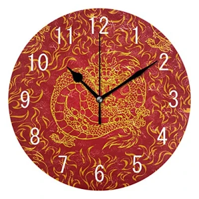Image of Domoko Home Decor Asian Dragon Fire Chinese Round Acrylic Wall Clock Non Ticking Silent Art for Living Room Kitchen Bedroom