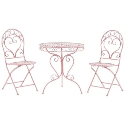 Image of Outdoor Patio 3 Piece Bistro Set Pink Round Metal Table and Chairs Albinia