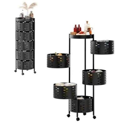 Image of yoakaiax Rolling Storage Cart Fruit Vegetable Basket for Kitchen, Rotating Rack with Wheels, Pantry Utility Kitchen Black 5 Layers