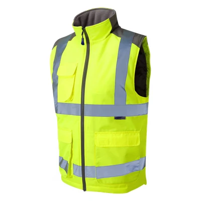 Image of Leo Workwear Torrington Hi Vis Warm Quilt Lining PU Coated Polyester Bodywarmer, Large, Yellow