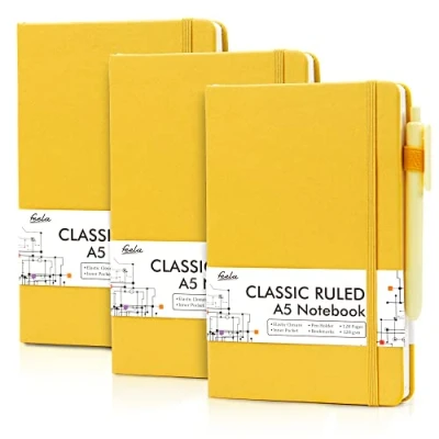 Image of feela A5 Notebooks Multipack, 3 Pack Ruled Lined Notepads (120 GSM), Hardback Journal Notebook with Black Gel Pens for Work, Study, Journaling, Note Taking, 128 Pages/Pack, 21 x 13 cm, Yellow