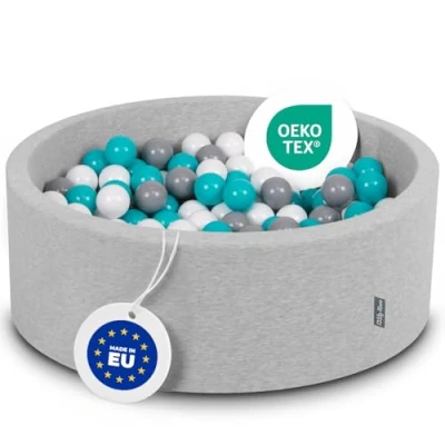 Image of KiddyMoon Soft Ball Pit Quarter Angular 90X30cm/200 Balls ∅ 7Cm / 2.75In For Kids, Foam Pool Baby Playballs, Made In EU, Light Grey:Grey/White/Turquoise