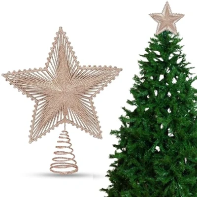 Image of Rose Gold Tree Topper, Christmas Topper Star, Glittered Hollow Star Top for Decorations, Size 24cm
