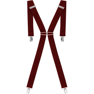 Image of Ze ENZO MB01 Heavy Duty Men Braces 4 Buckles Stripe X Back 8 Colors Durable Elastic Adjustable Suspenders Strong Metal Clips One Size Burgundy