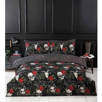 Image of Rapport Home Black Duvet Cover Set with Skulls &amp; Roses, Halloween Themed Microfibre Double Bedding