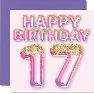 Image of 17th Birthday Card for Girls Pink &amp; Purple Glitter Balloons Happy Cards 17 Year Old Girl Daughter Sister Granddaughter Cousin, 145mm x Seventeen Seventeenth Greeting Gift